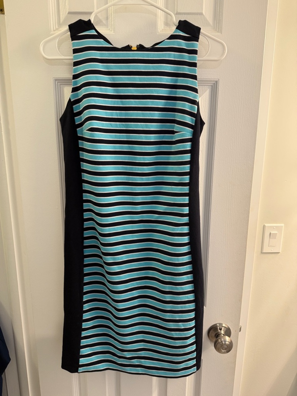 Sleeveless Striped Sheath Dress in Aqua and Black